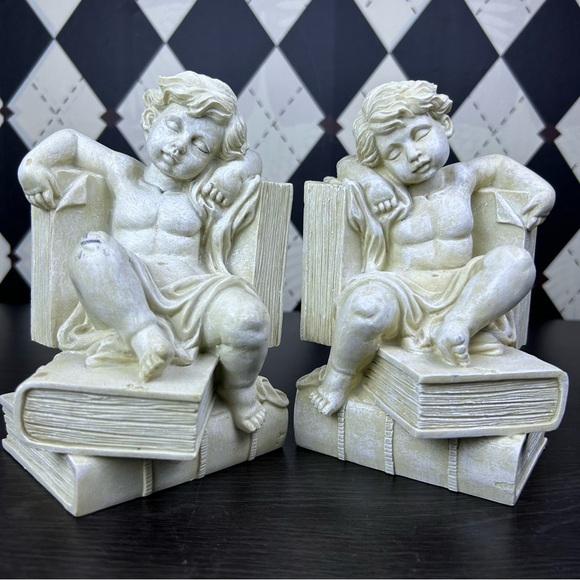 Unique Vintage Other - Cherub Bookends Reading Angel Sculpture Library Shelf Decor Book Lover Gift